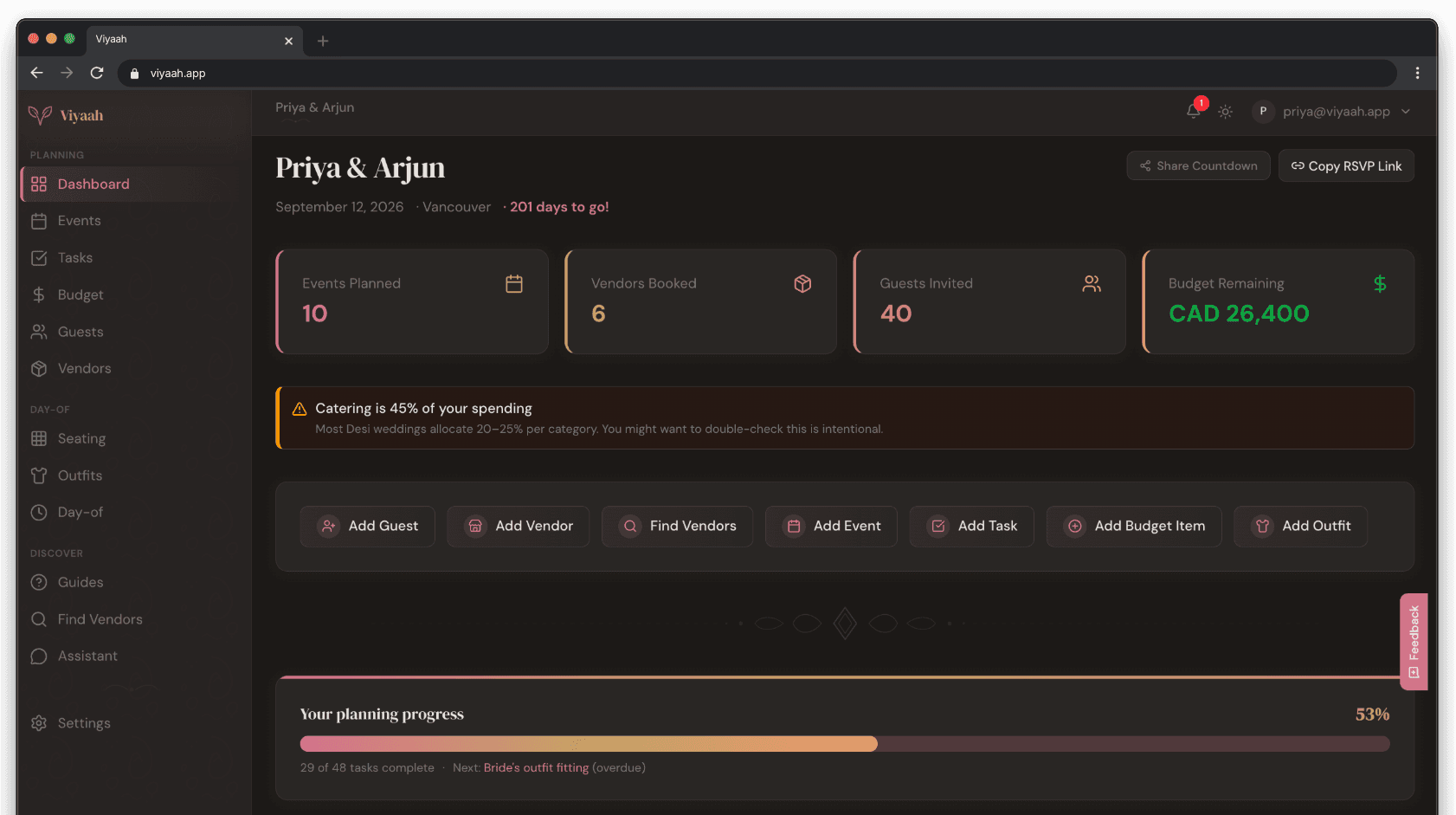 Viyaah wedding planning dashboard showing events, vendors, guests, and budget tracking